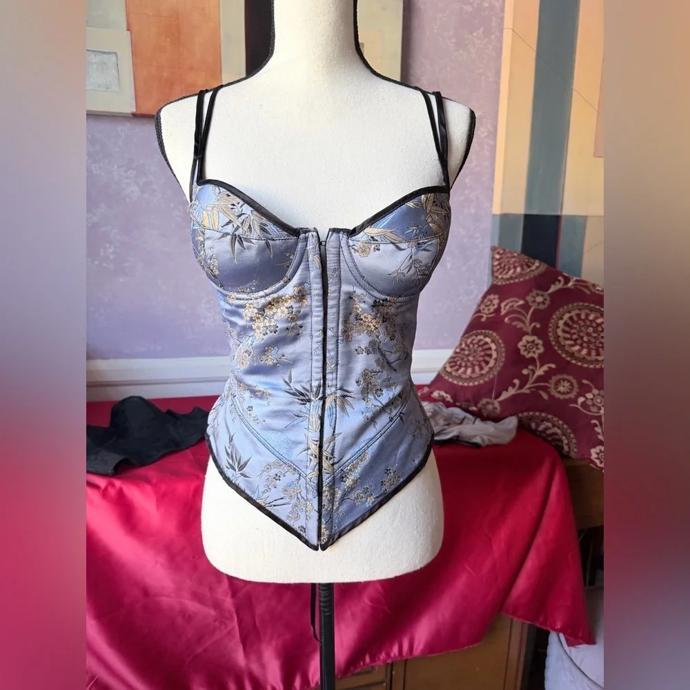 SZ 34C Frederick's of Hollywood Stunning Asian Inspired Blue and Gold Corset
